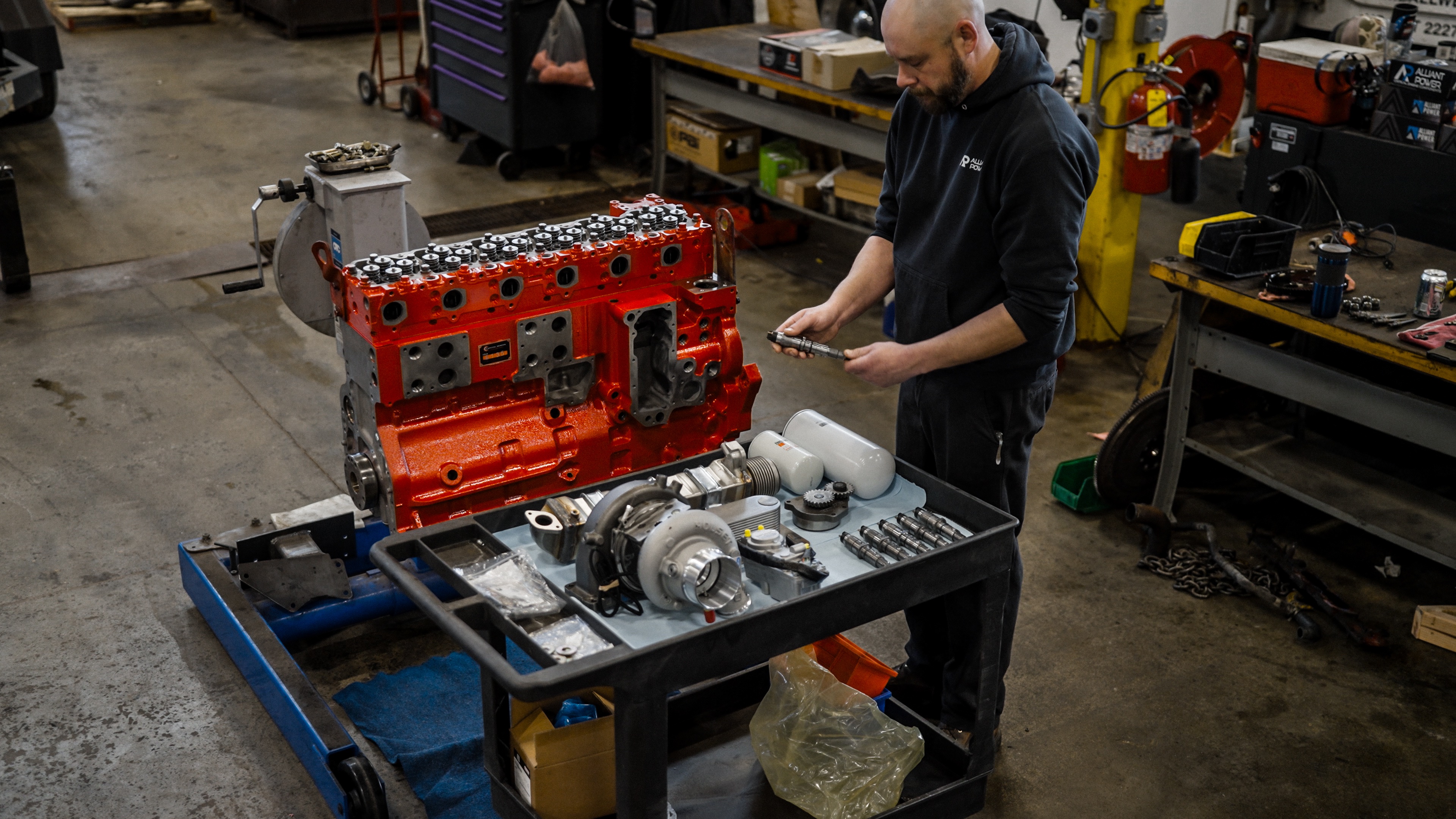 Technician inspecting a rebuilt diesel engine on a commercial shoot